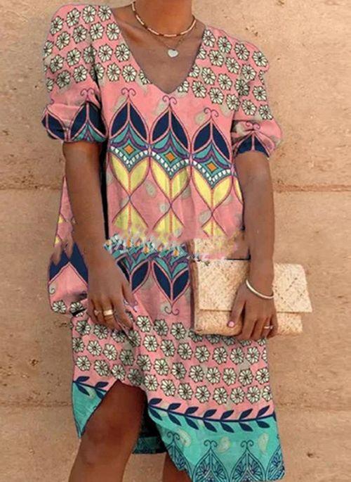 DS11042 Casual Floral Tunic V Neckline A line Dress