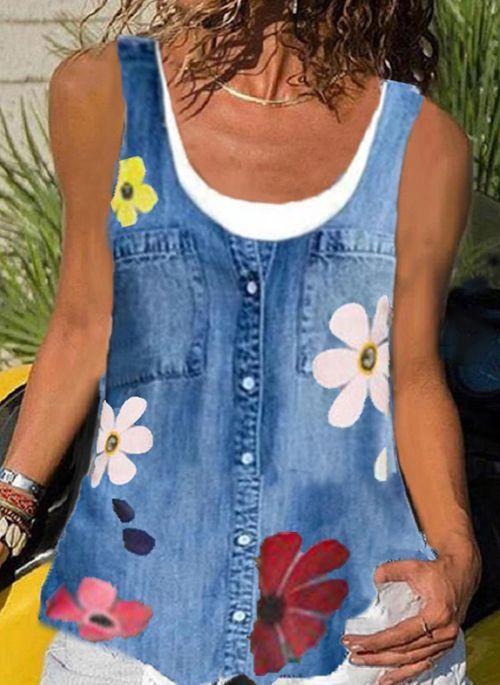TK10088 Floral Casual Round Neckline Sleeveless Blouses