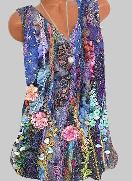 TK10091 Floral Casual V Neckline Sleeveless Blouses