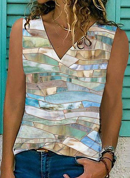 TK10118 Color Block Casual V Neckline Sleeveless Blouses