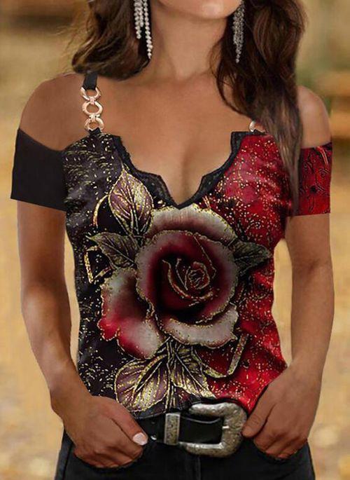 TP10257 Floral Camisole Neckline Short Sleeve Casual T shirts