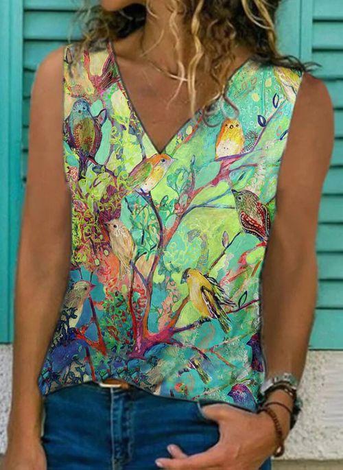 TK10090 Floral Casual V Neckline Sleeveless Blouses