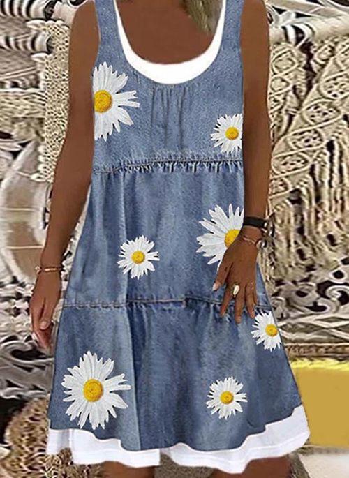 DS11052 Casual Floral Tunic Round Neckline A line Dress