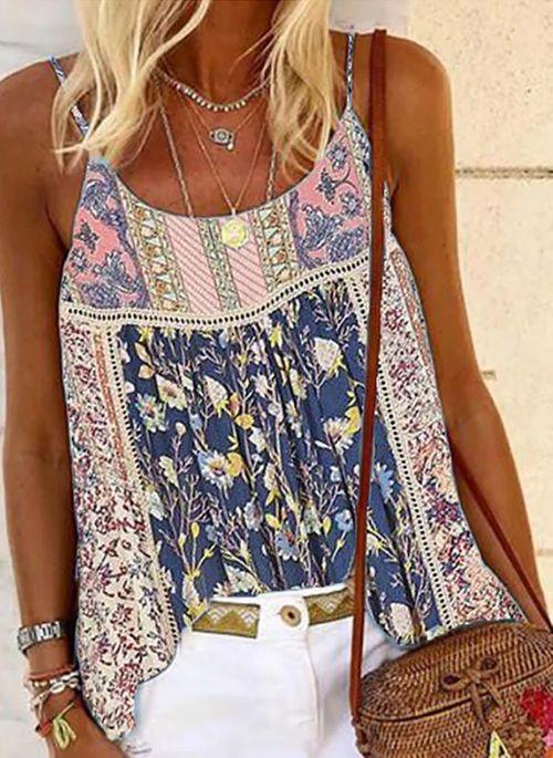 TK10110 Floral Casual Camisole Neckline Sleeveless Blouses