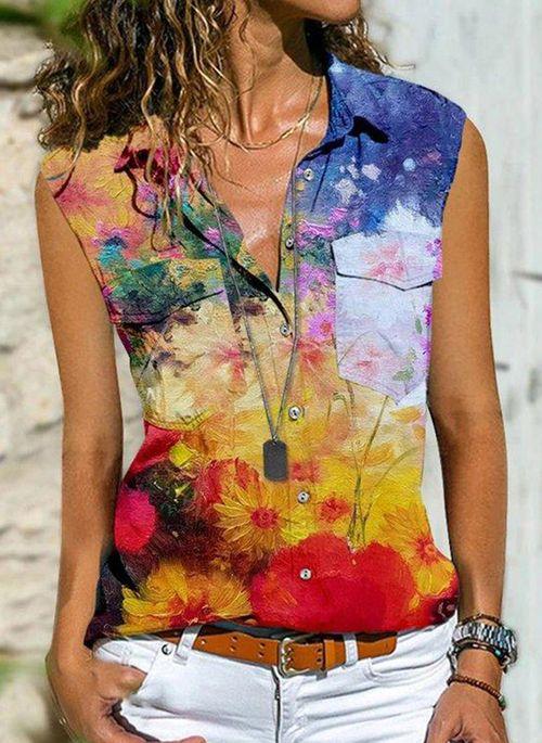 TK10104 Floral Casual Collar Sleeveless Blouses