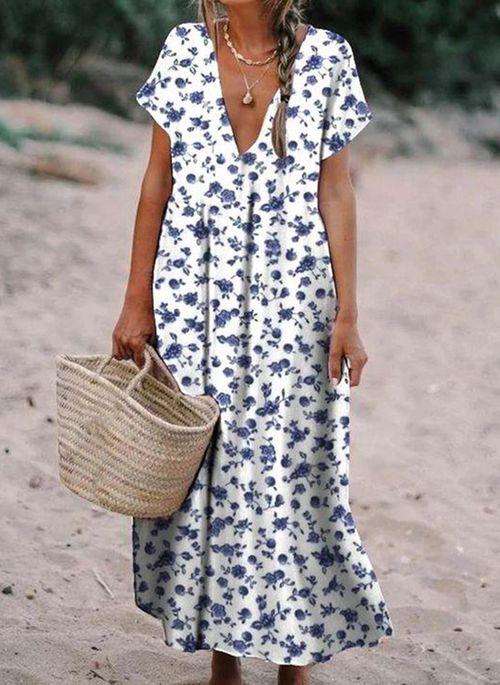 DS11036 Casual Floral Tunic V Neckline A line Dress