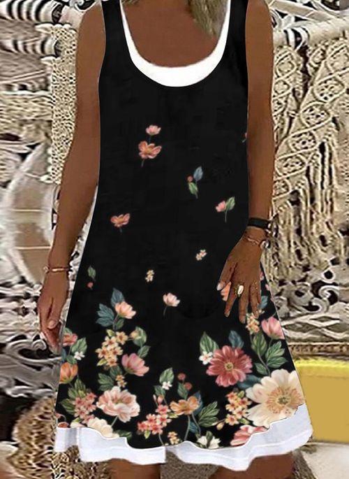 DS11054 Casual Floral Tunic Round Neckline A line Dress