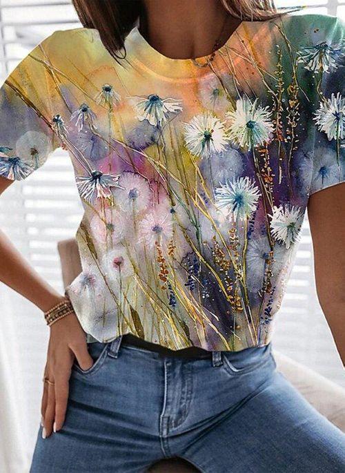 BL10335 Floral Casual Round Neckline Short Sleeve Blouses