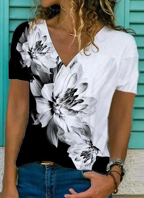BL10349 Floral Casual V Neckline Short Sleeve Blouses