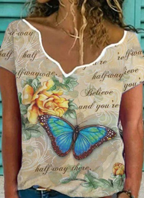 TP10303 Floral V Neckline Short Sleeve Casual T shirts