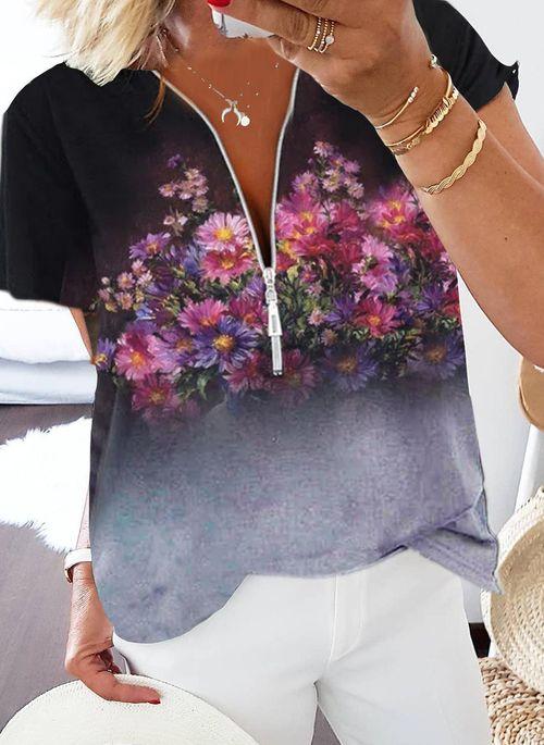 TP10285 Floral V Neckline Short Sleeve Casual T shirts