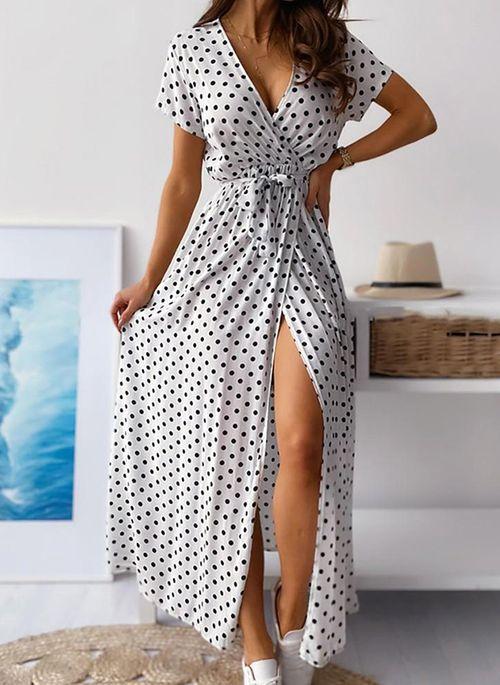 DS10427 Casual Polka Dot Wrap V Neckline X line Dress