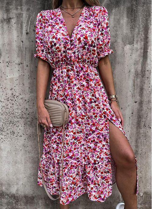 DS11046 Casual Floral V Neckline Midi X line Dress
