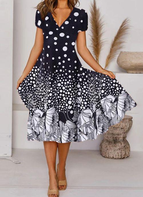 DS11060 Casual Floral Tunic V Neckline A line Dress