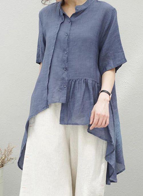 BL10372 Solid Casual Round Neckline Half Sleeve Blouses