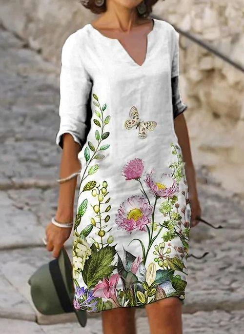 DS11044 Casual Floral Tunic V Neckline A line Dress