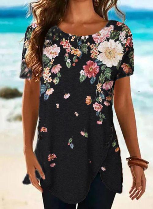 TP10270 Floral Round Neck Short Sleeve Casual T shirts