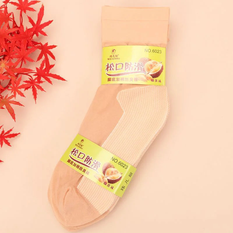 Non-slip ankle high sheer socks with cotton sole