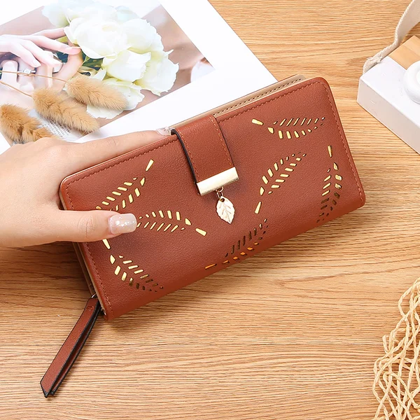 Womens long wallet with leaf pattern