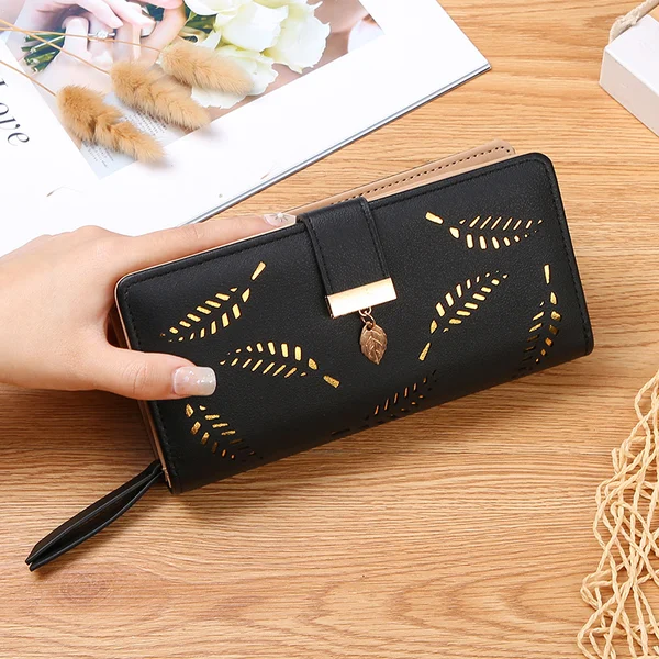 Womens long wallet with leaf pattern