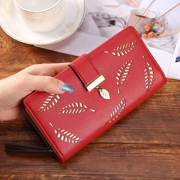 Womens long wallet with leaf pattern