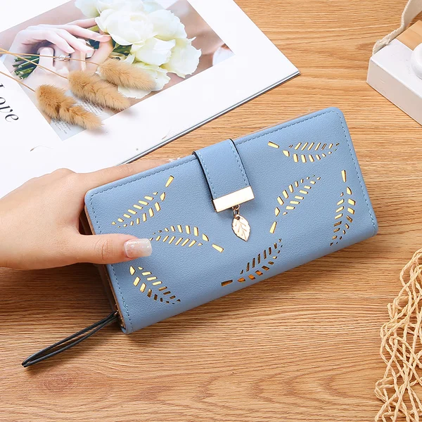 Womens long wallet with leaf pattern