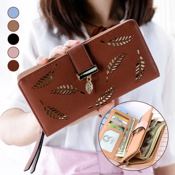 Womens long wallet with leaf pattern