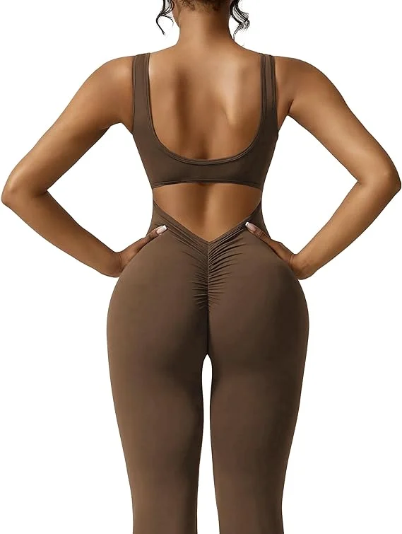 Sleeveless Flare Jumpsuits Sexy Backless Bodycon Scrunch Butt Yoga Rompers Seamless Playsuit