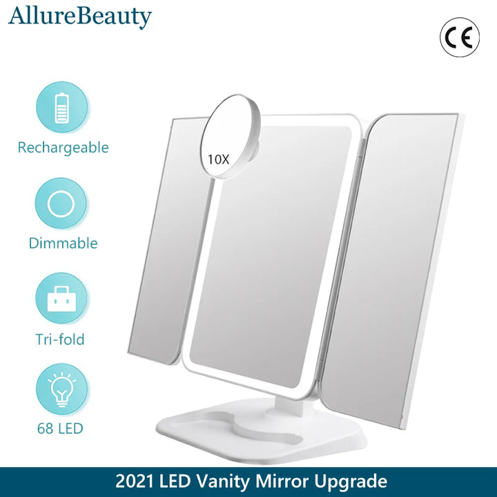 🔥BIGGEST SALE - 49 % DISCOUNT🔥Trifold Makeup Mirror With Light 68 LED Vanity Mirrors 10X Magnifying 180Rotation