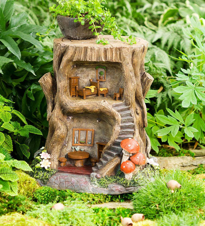 Two-Story Fully-Furnished Solar Lighted Fairy House in a Stump