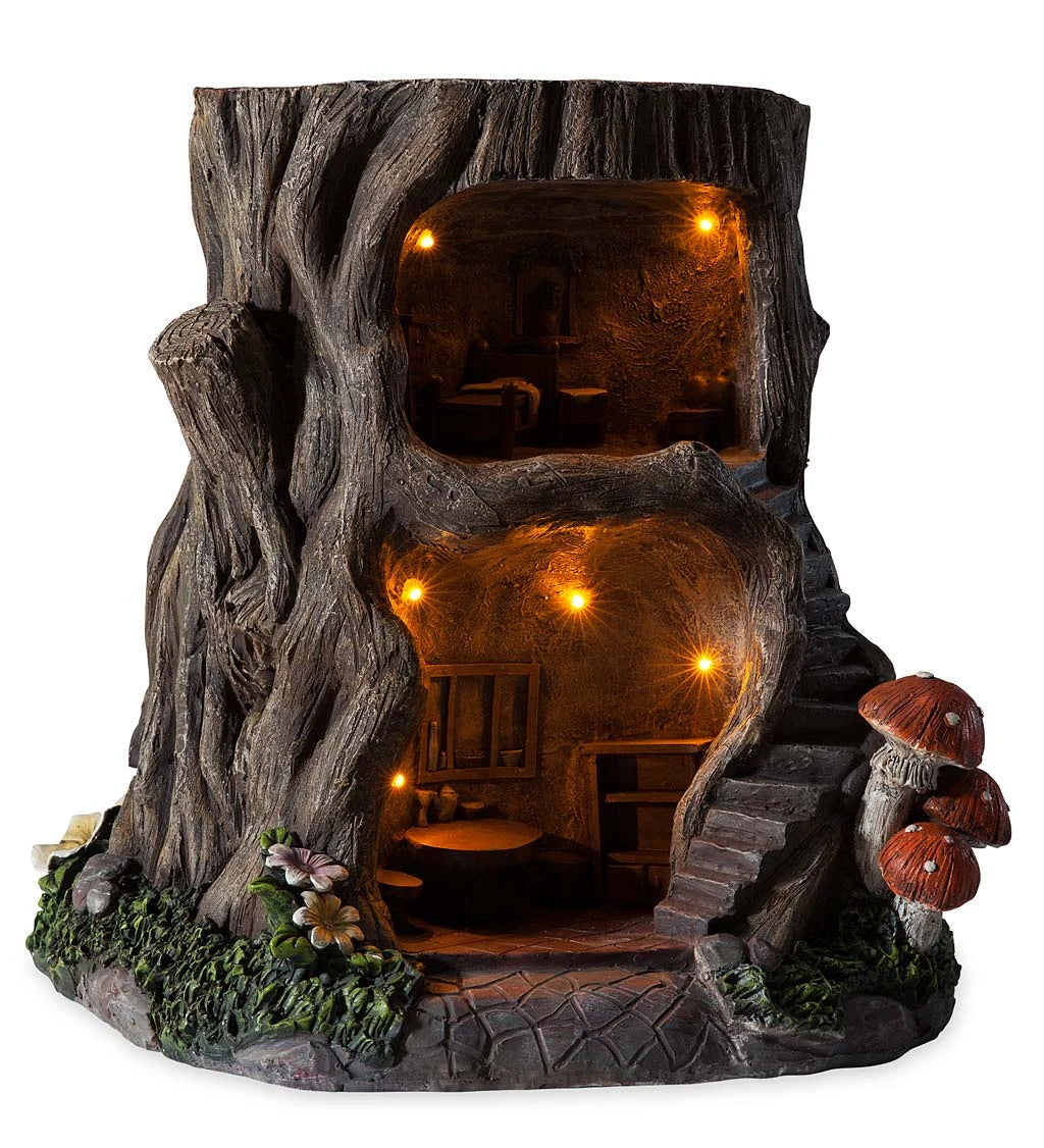 Two-Story Fully-Furnished Solar Lighted Fairy House in a Stump