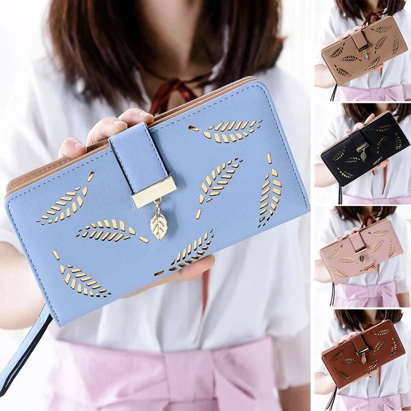 Womens long wallet with leaf pattern