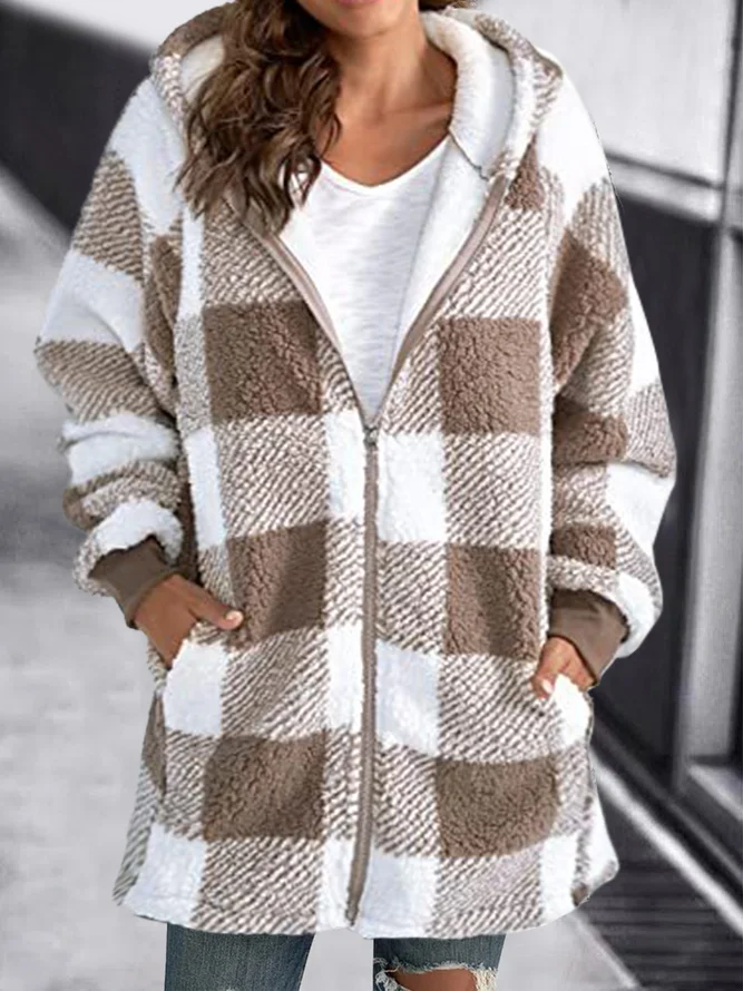 Women Oversized Hoodie Plaid Loose Overcoat