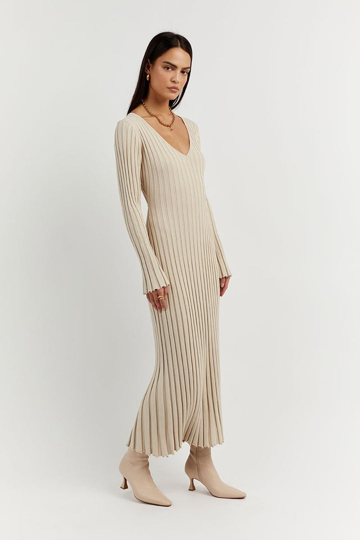 V-Neck Sleeved Knit Midi Dress