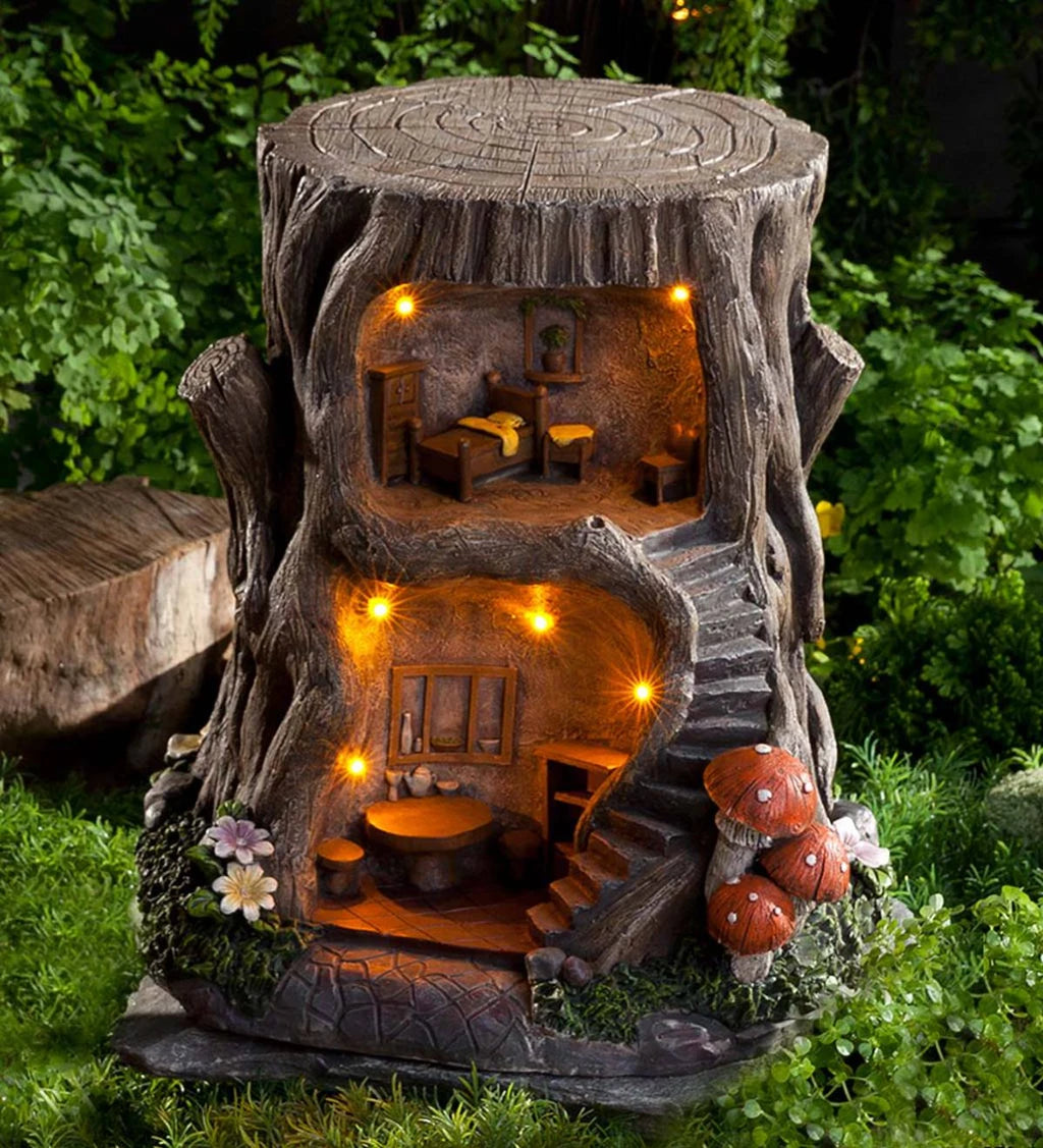 Two-Story Fully-Furnished Solar Lighted Fairy House in a Stump