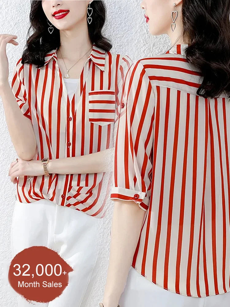 Striped chiffon faux two-piece shirt