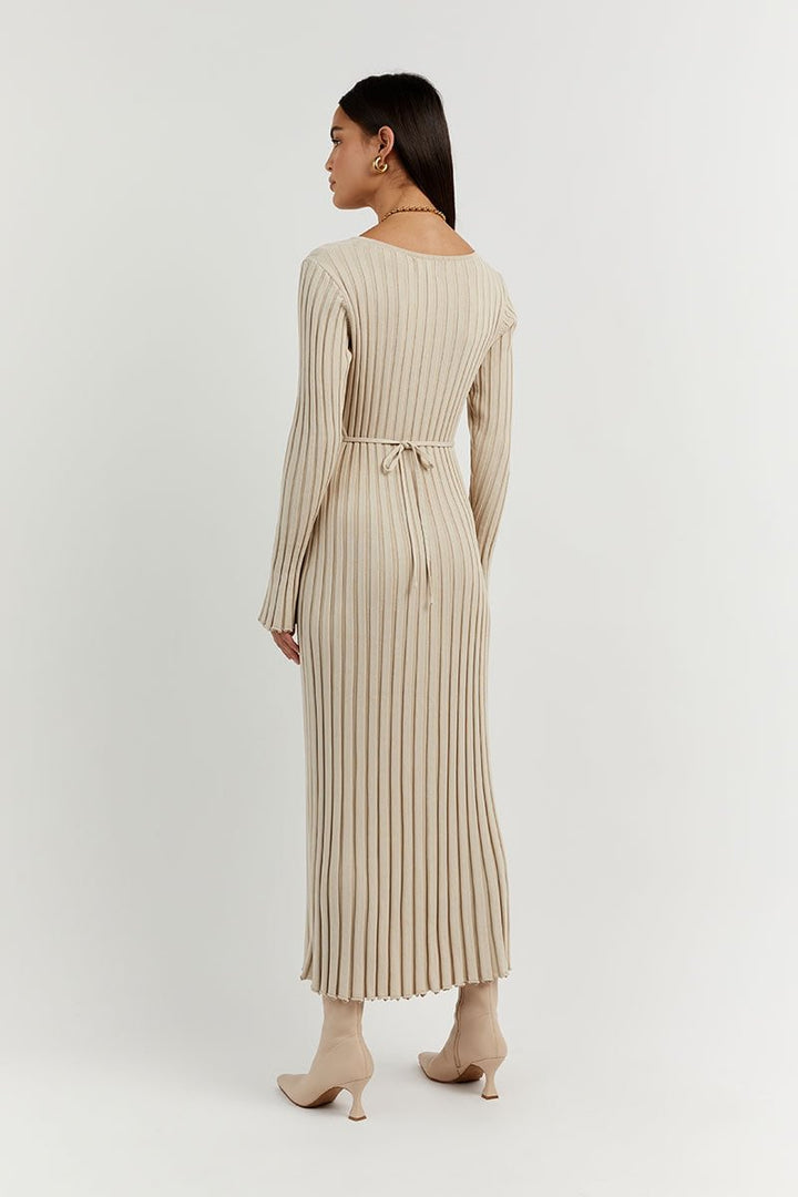 V-Neck Sleeved Knit Midi Dress