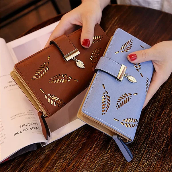 Womens long wallet with leaf pattern