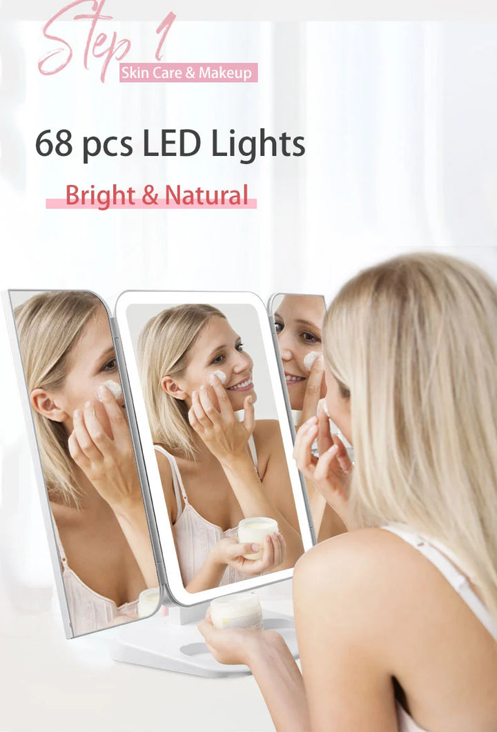 🔥BIGGEST SALE - 49 % DISCOUNT🔥Trifold Makeup Mirror With Light 68 LED Vanity Mirrors 10X Magnifying 180Rotation