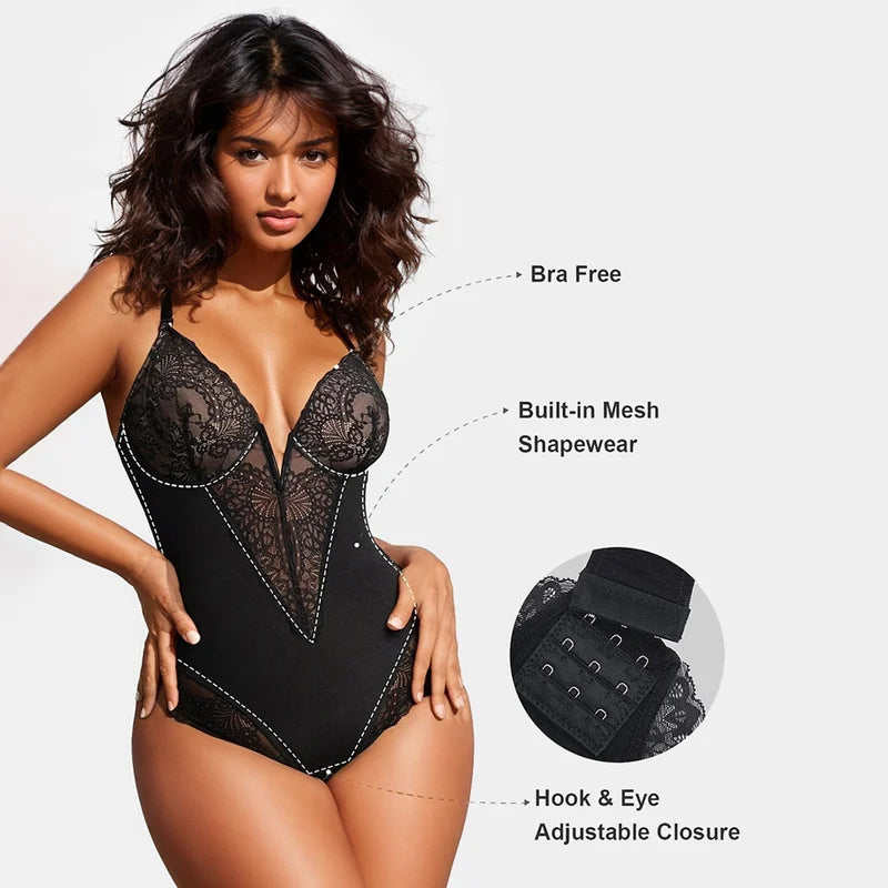 🔥EARLY CHRISTMAS SALE 49% OFF 🏆#1 Bestselling🏆 - Romanticpeach™ Deep-V Neck Lace Thong Bodysuit