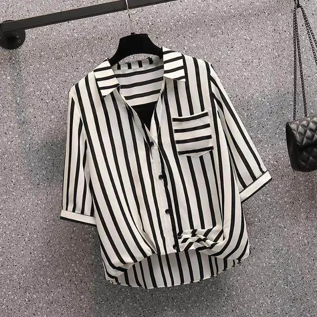 Striped chiffon faux two-piece shirt