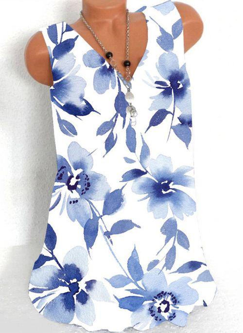 TK10116 Floral Casual V Neckline Sleeveless Blouses