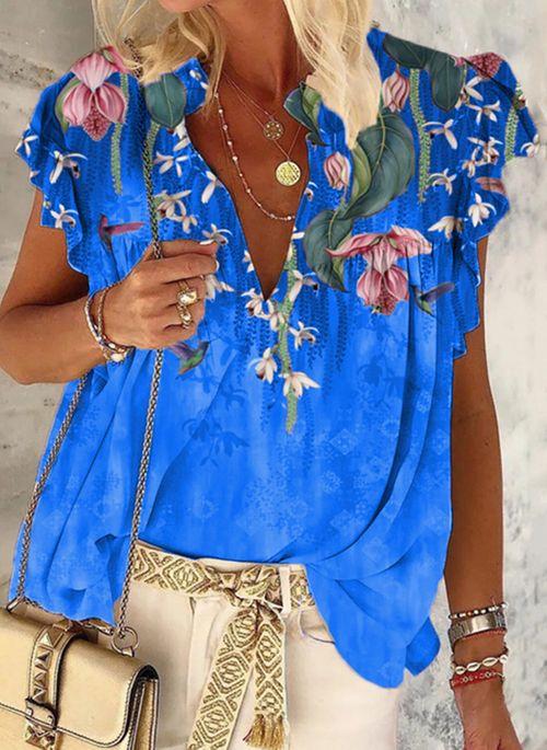 TP10296 Floral V Neckline Short Sleeve Casual T shirts