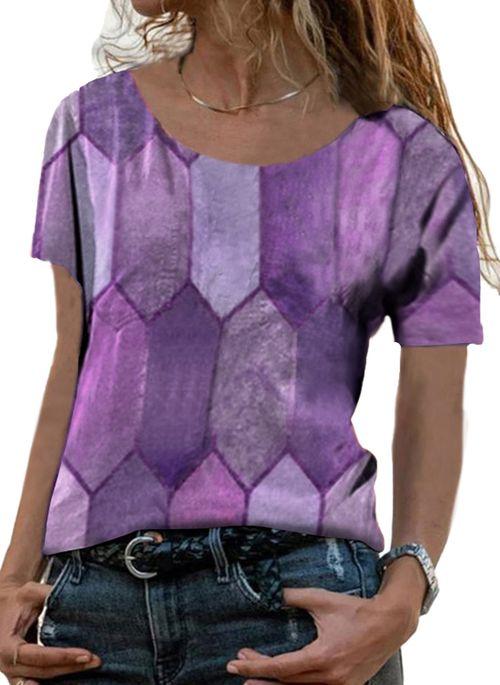 BL10378 Geometric Casual Round Neckline Short Sleeve Blouses