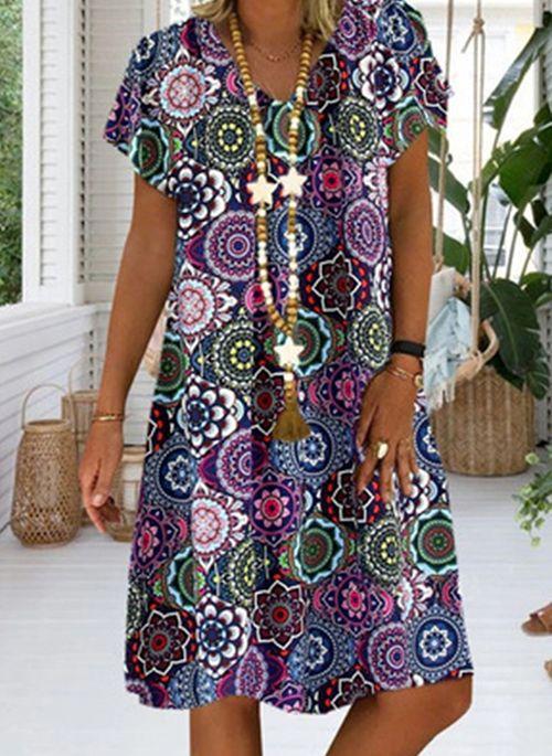 DS11055 Casual Floral Tunic V Neckline A line Dress