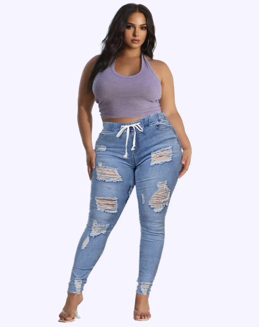 Plus Extreme Distressed Drawstring Waist Jeans