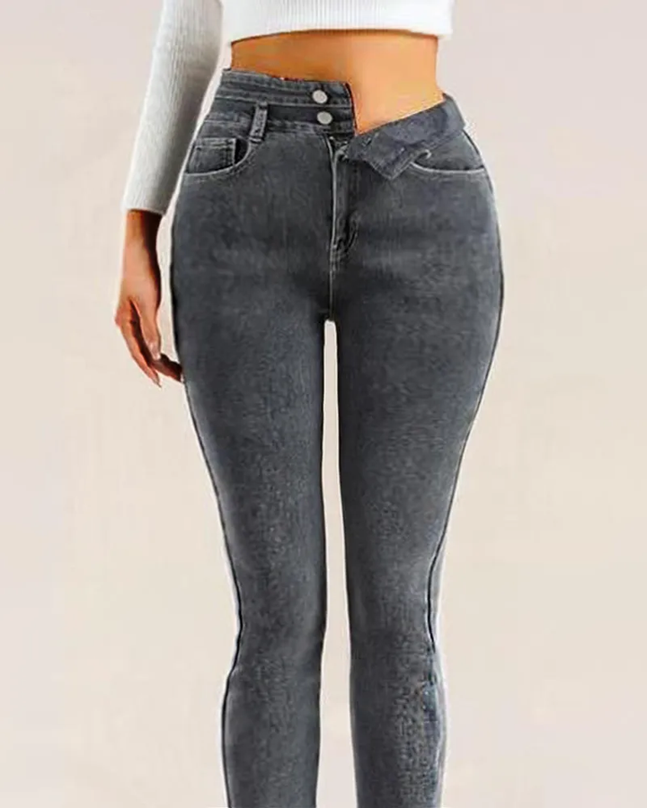 Patched Thermal Lined Button Front Zip Fly Skinny Jeans