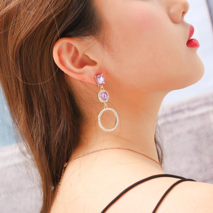 Purple Crystal Asymmetrical Earrings