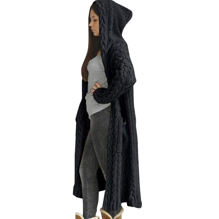 CASUAL KNITTED LONG OUTERWEAR WITH HOOD