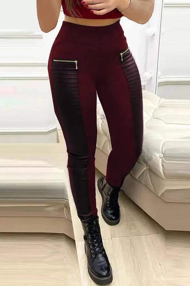 FAUX LEATHER PANTS WITH CONTRASTING TRIM AND ZIPPER